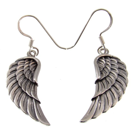 Handcrafted Solid 925 Sterling Silver Angel Wing Drop Dangle Hook Earrings - Picture 1 of 5